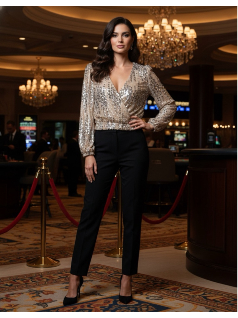 ✨ Gold Sequin Wrap Top Glam Party Blouse Small NYE Vegas Sparkle - Picture 4 of 8